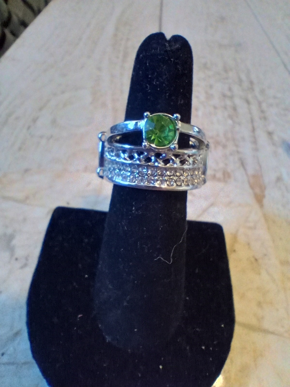 paparazzi Silver-Tone Ring with Green Center Stone and Clear Accents